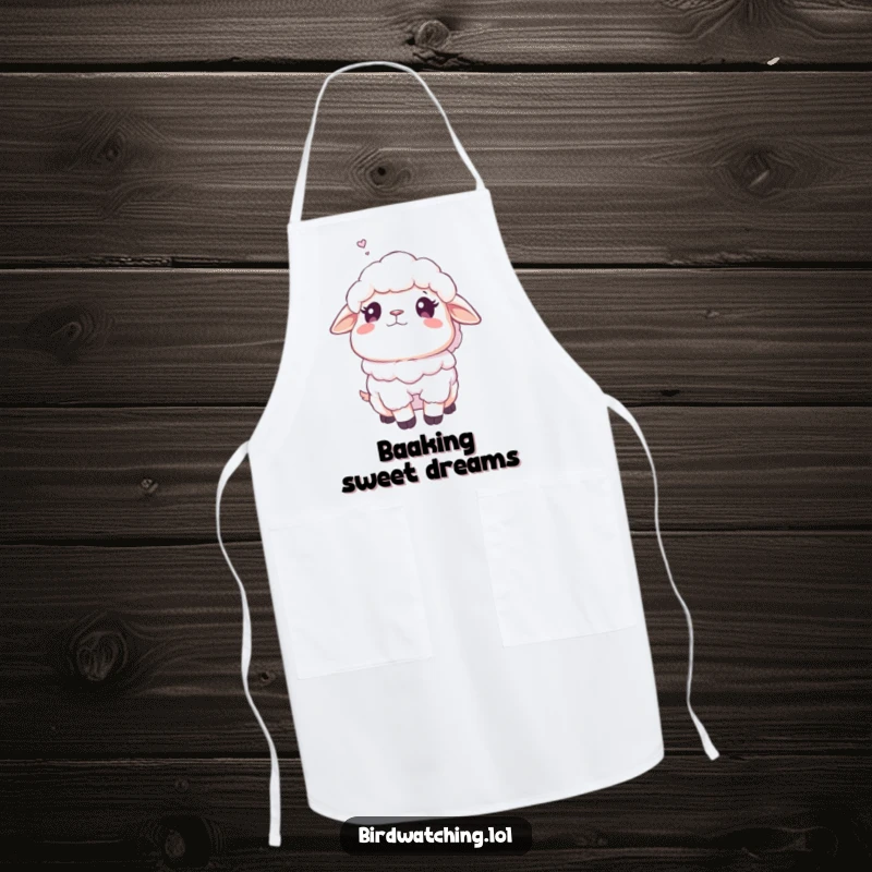 Funny fluffy sheep apron showing a sheep gazing dreamily upwards, adding sweet humor to kitchen activities, a charming apron.