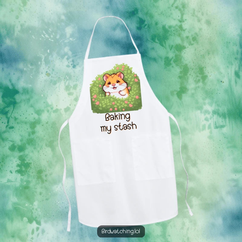 Funny giggling hamster apron showing a hamster hiding behind a bush, adding playful humor to kitchen tasks, a cute apron.