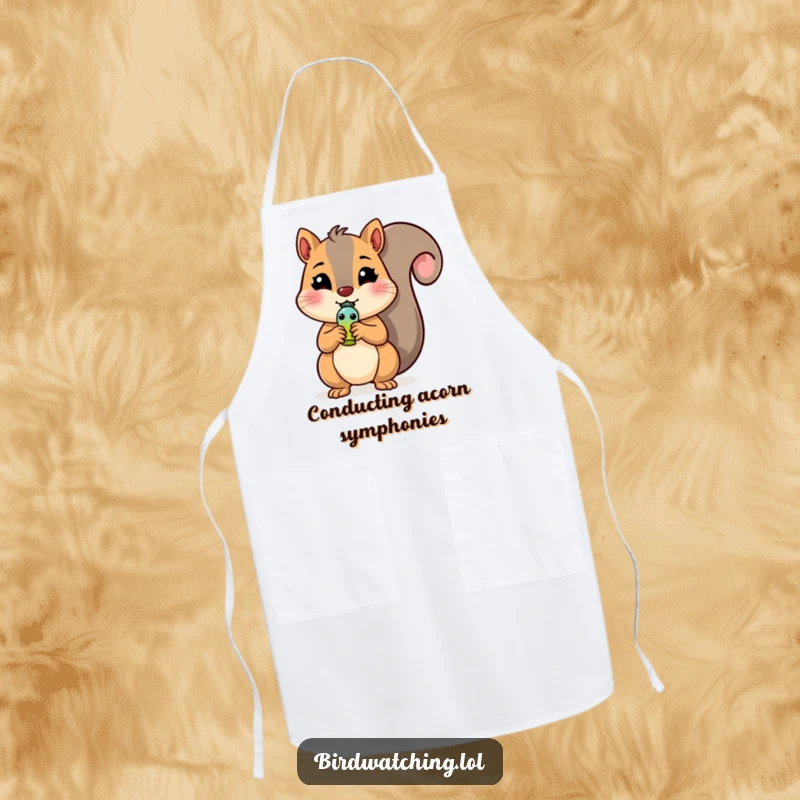 Funny Squirrel Apron: A cheerful squirrel holds a tiny bird whistle, ready to assist in the kitchen. Humorous.