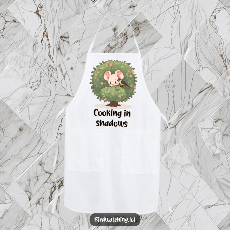 Funny shy mouse apron, discreetly watching a bird while adding cute and funny charm to kitchen tasks.