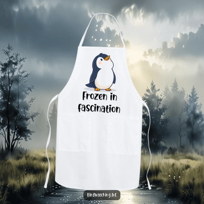 Funny apron depicting a wobbly penguin looking up at the sky in wonder, perfect for adding charming humor to kitchen activities.