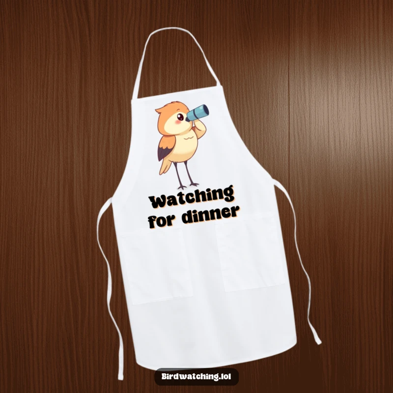 Funny bird watcher apron, determinedly surveying the horizon, a humorous and practical kitchen accessory.