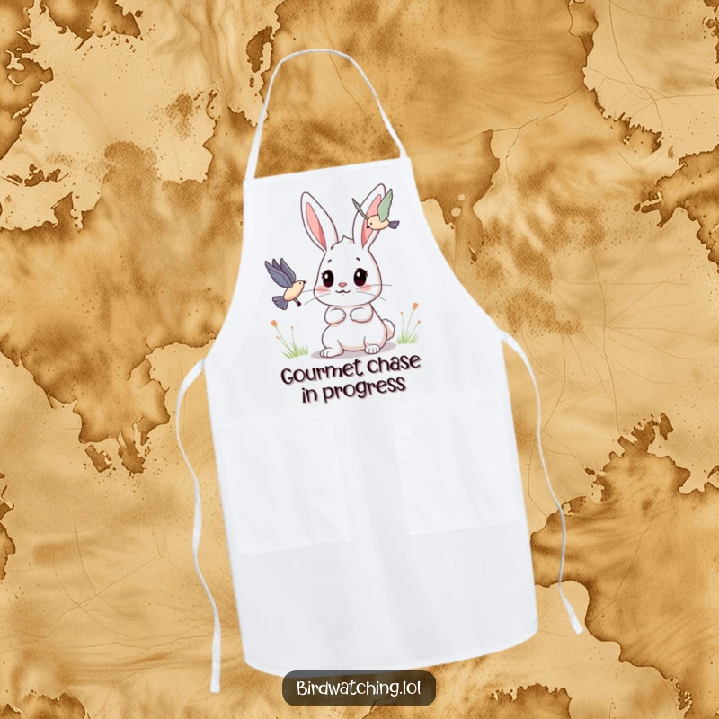 Funny Bunny Apron: A determined bunny observes a flying creature, perfect for kitchen tasks. Humorous.