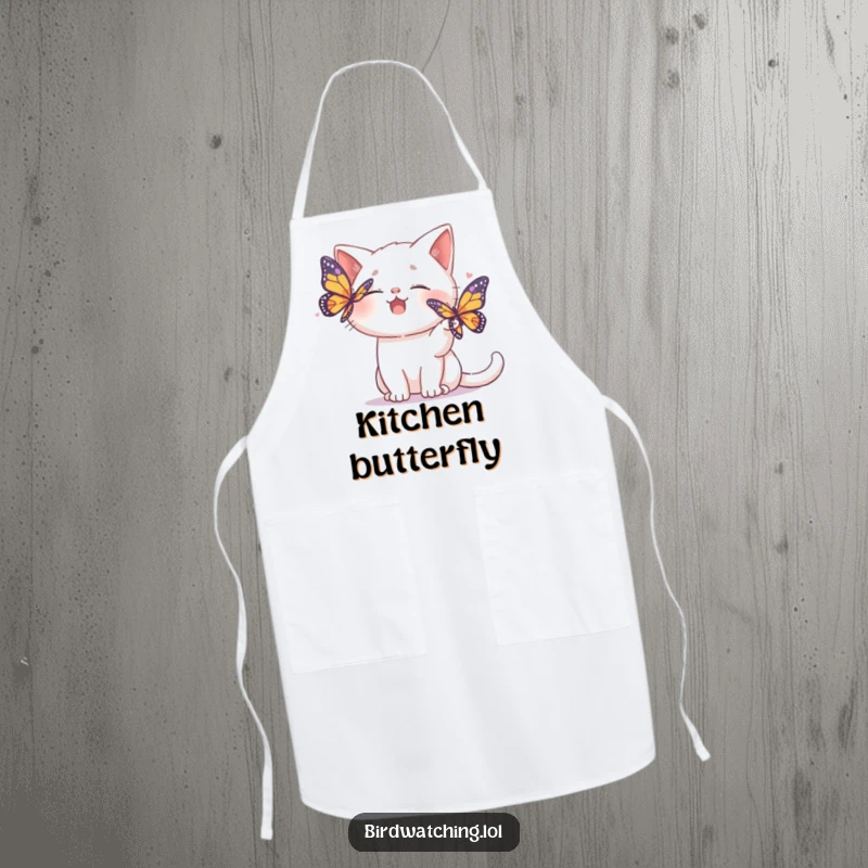 Funny apron showing a giggling cat playfully chasing a colorful butterfly, perfect for a fun cooking experience.