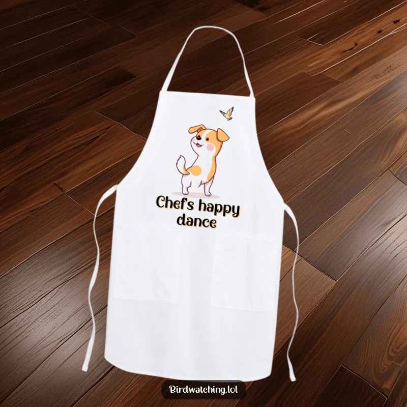 Funny Dog Apron: A hopeful dog wags its tail, spotting a bird, ready for kitchen tasks. Humorous.