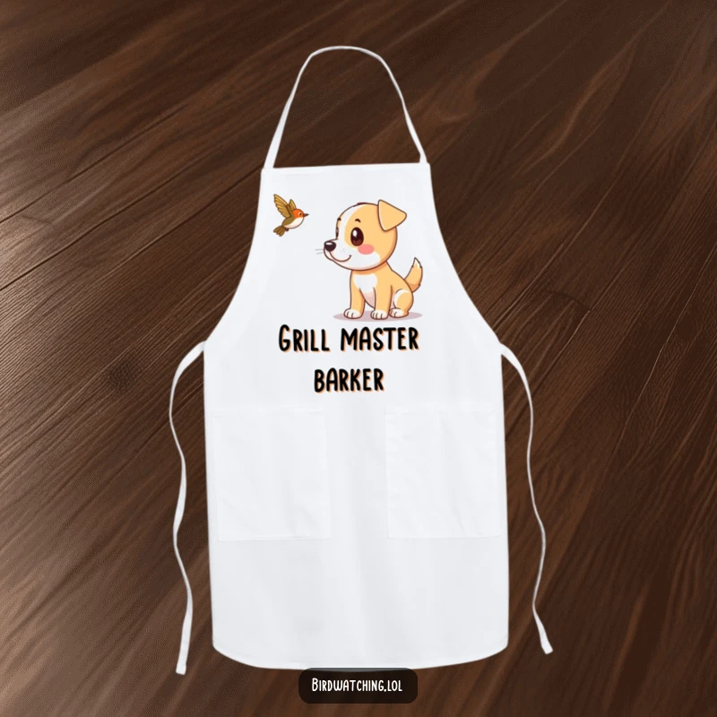 Funny dog with perked ears spotting a bird, ready for kitchen adventures, humorous apron.
