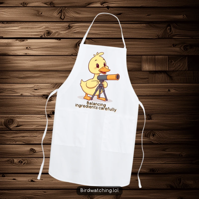 Funny duck telescope apron, wobbly duck balancing, science and cooking, humorous kitchen wear, perfect gift.