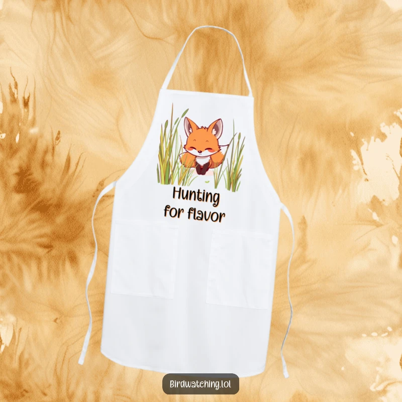 Funny apron illustrated with a smiling fox creeping stealthily through tall grass, focused and ready, a humorous kitchen accessory, perfect gift.