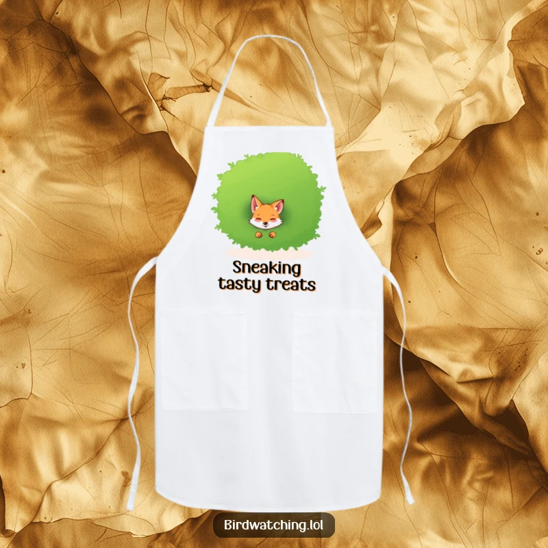 Funny apron with a giggling fox peeking from behind a bush, ready to join in the kitchen fun.