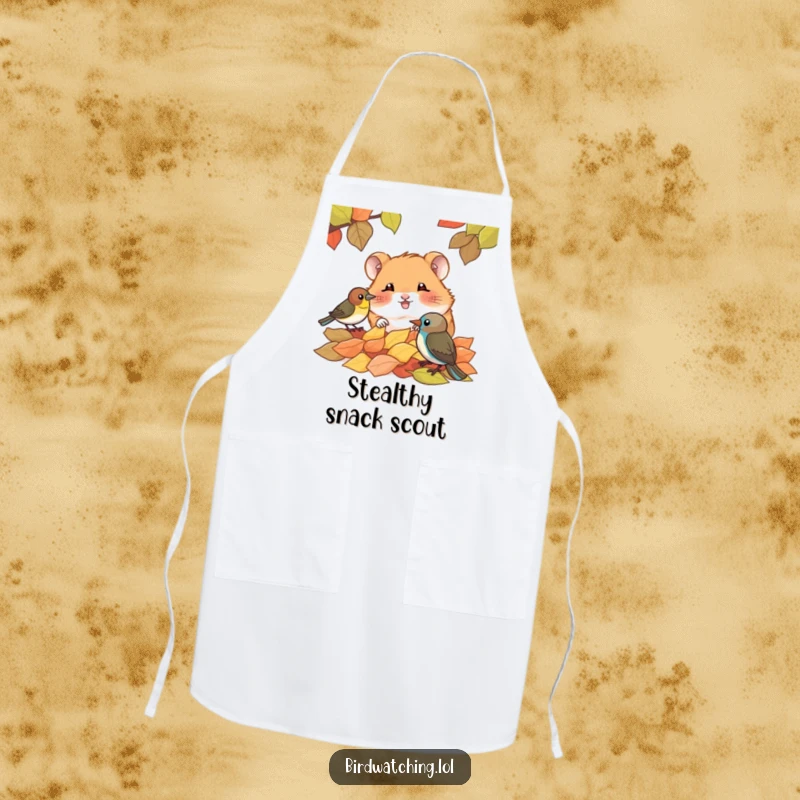 Funny apron showcasing a giggling hamster peeking mischievously over leaves at a bird, perfect for adding humor to kitchen activities.