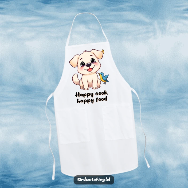 Funny Apron with a happy dog, wide eyes and wagging tail, excited by a bird, for kitchen fun.