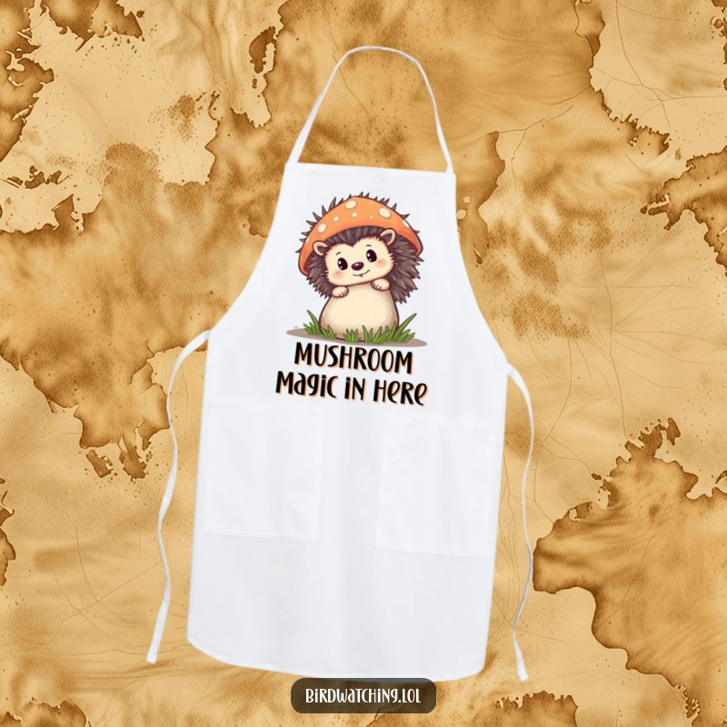 Funny Apron featuring a curious hedgehog peeking from behind a mushroom, ideal for humorous kitchen activities.