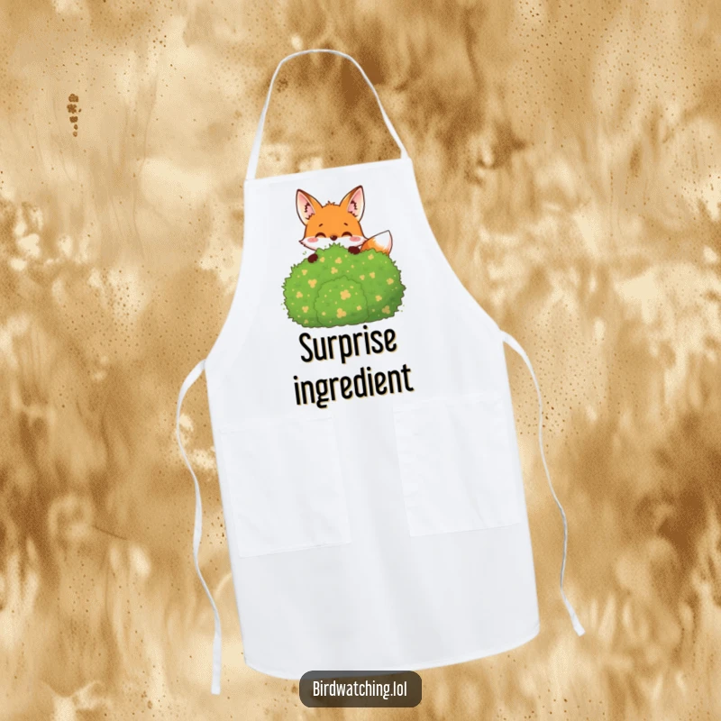 Funny Apron: A joyful fox peeking from behind a bush, observing the kitchen with a playful spirit.