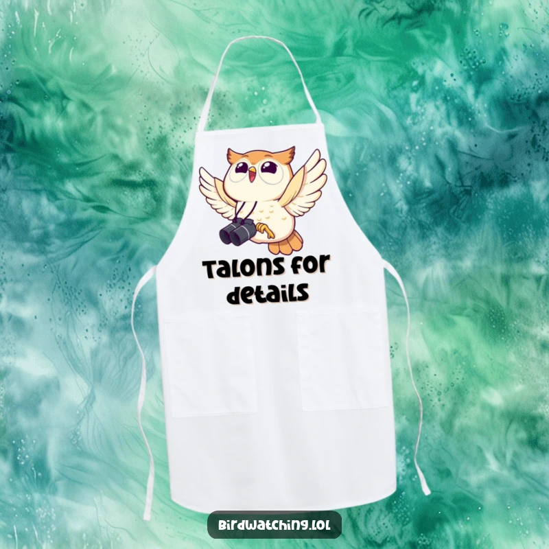 Funny owl apron, joyfully flying with binoculars, a humorous kitchen accessory for bird watching enthusiasts.