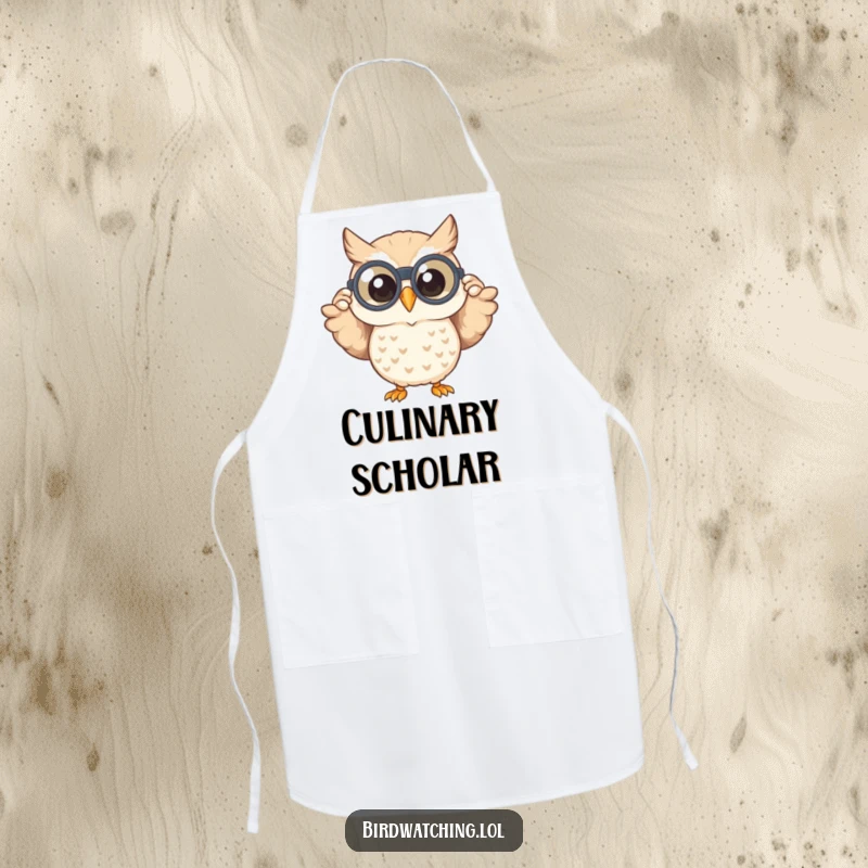 Funny apron with a happy owl peeking through binoculars with a wide smile, bringing a humorous element to any activity.
