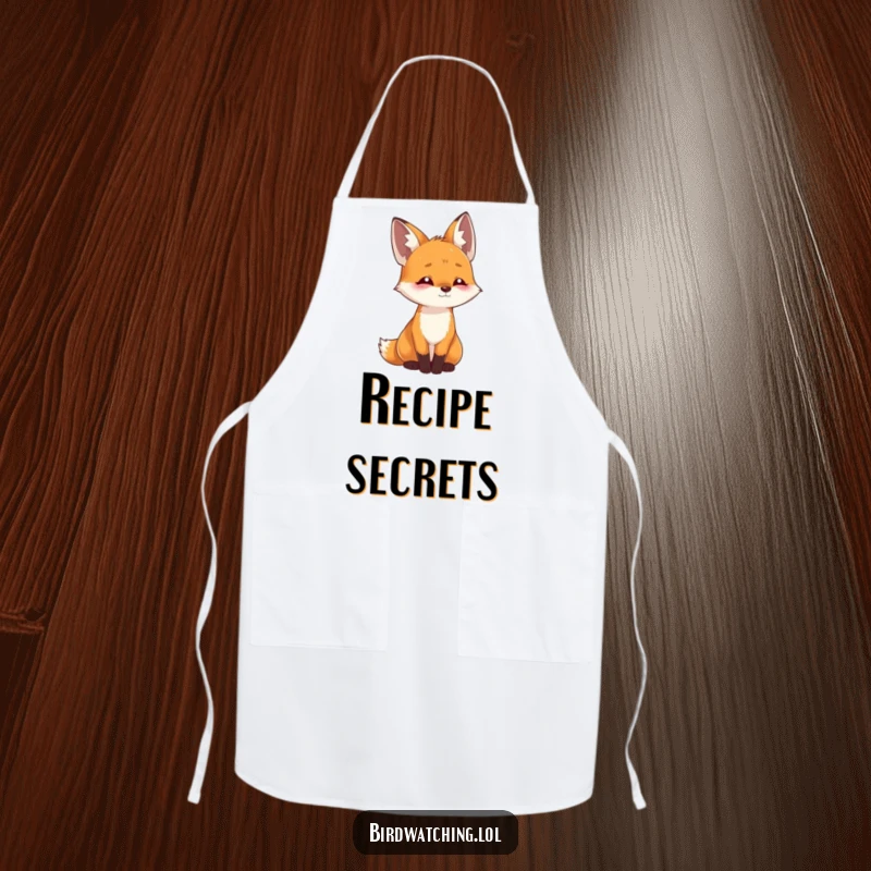 Funny playful fox apron with a curious fox tilting its head, listening intently with an engaged expression, ideal for kitchen use.
