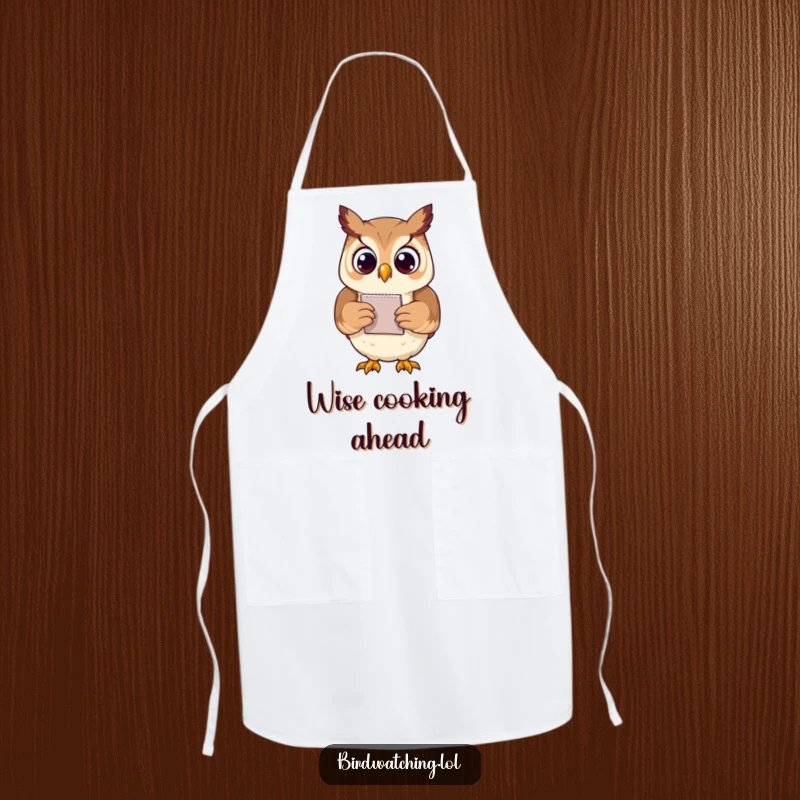 Funny proud owl apron showing an owl holding a notepad, ready to record recipes with a humorous touch, a kitchen essential.