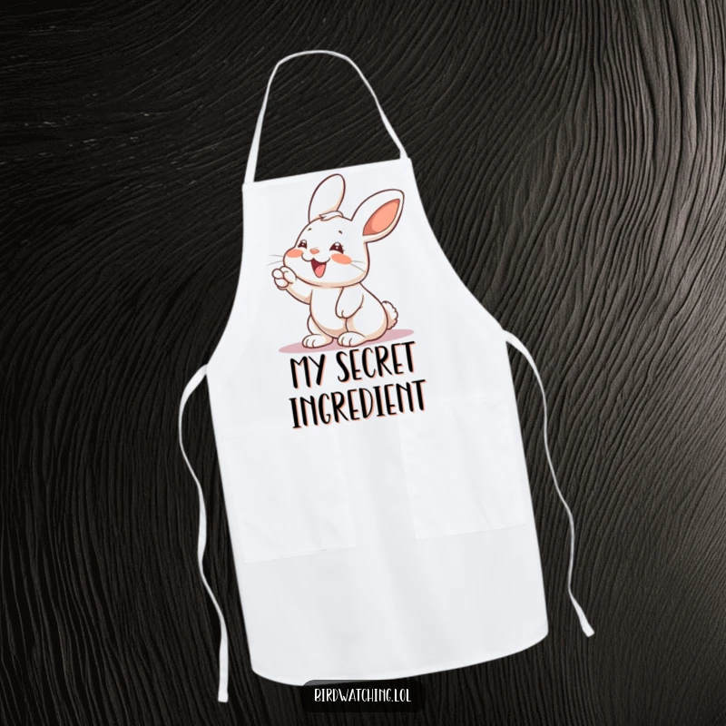 Funny rabbit apron, giggling and pointing with excitement, a humorous and practical kitchen accessory.