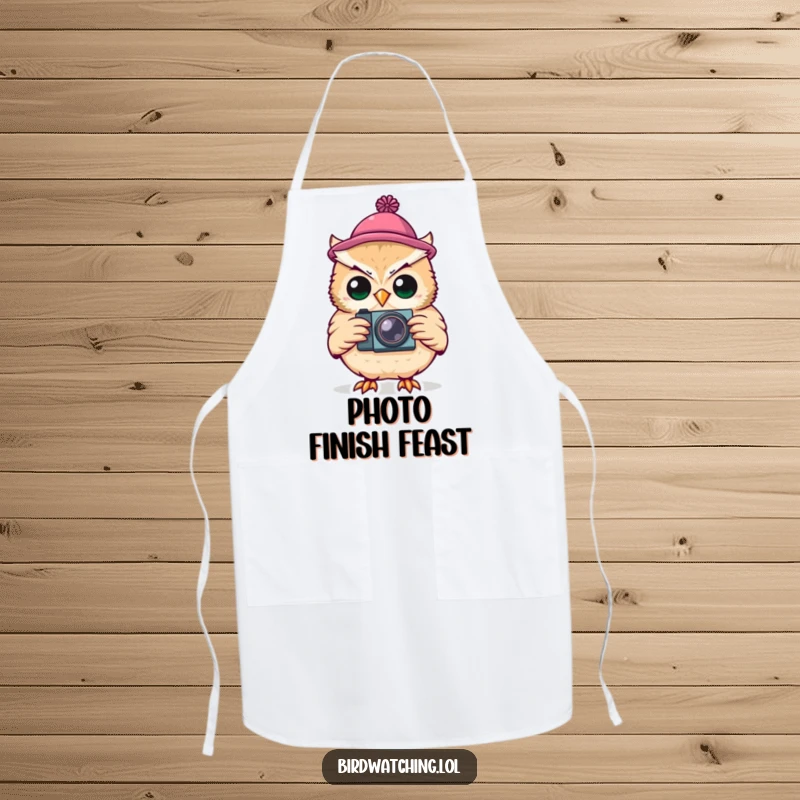 Funny Apron: A silly owl wearing a tiny hat, holding a camera, ready to photograph culinary masterpieces.