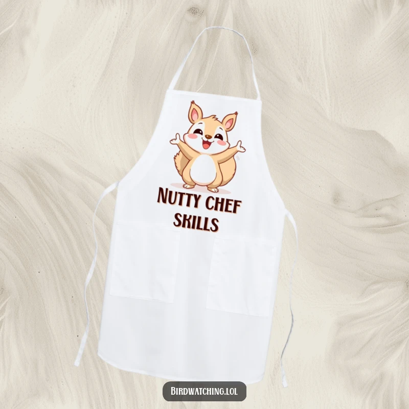 Funny squirrel apron, joyfully gesturing towards the sky, a humorous and practical kitchen accessory.