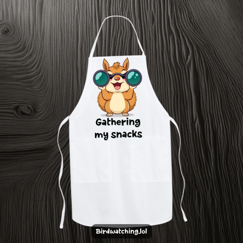 Funny excited squirrel with binoculars, watching culinary creations, durable and humorous kitchen apron.
