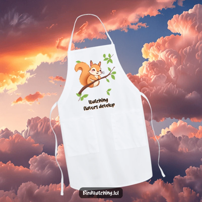 Funny squirrel apron, sitting on a branch, observing the kitchen with a smile. Great for cooks.