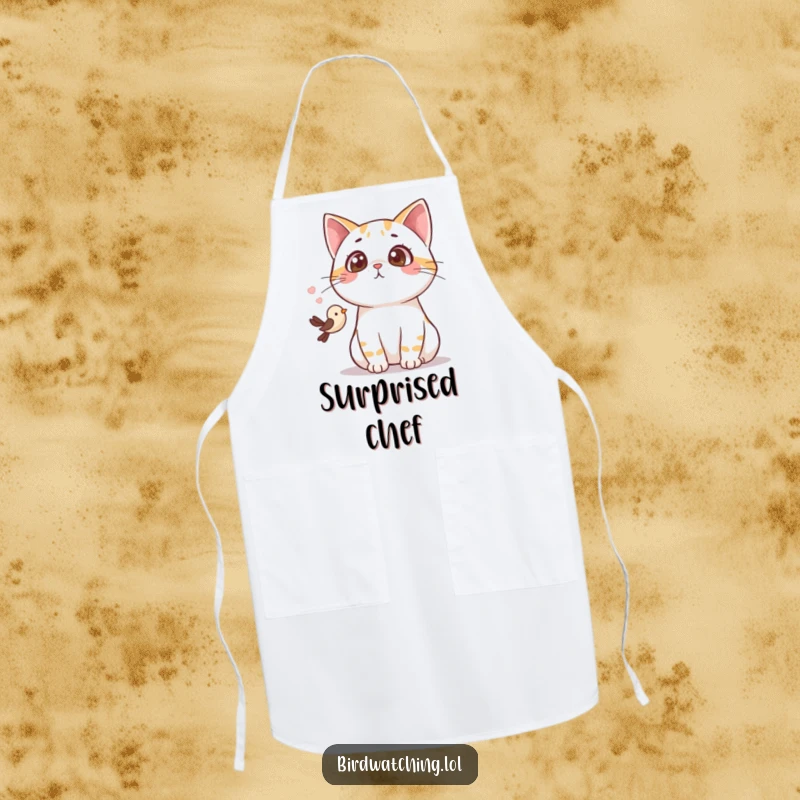 Funny surprised cat apron, depicting a cat gasping in shock at a small bird, ideal for kitchen use.
