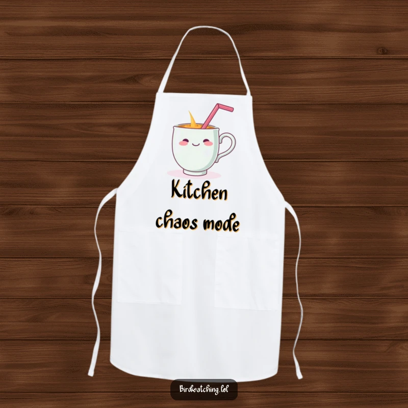 Funny kitchen apron with a cheerful teacup dramatically spilling its contents while balancing a straw on its handle, a humorous cooking accessory.