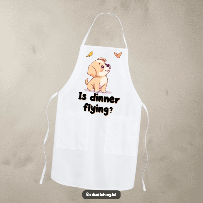 Funny apron with a playful puppy tilting its head, looking curiously towards the kitchen.
