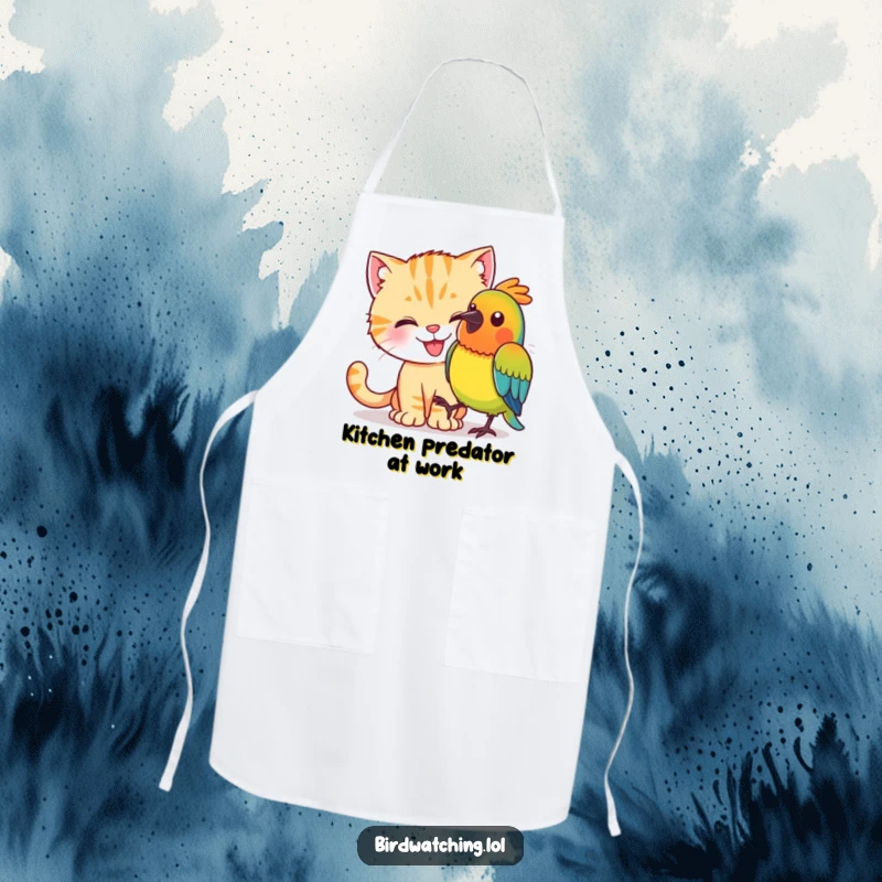 Funny cat attempting a stealthy pounce on a colorful bird, durable and humorous kitchen apron.