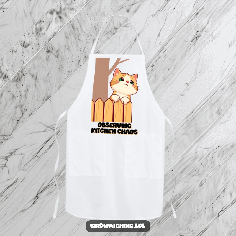Funny apron showing a surprised cat stretching its neck to peek over a fence, bringing humor to the kitchen and cooking tasks.