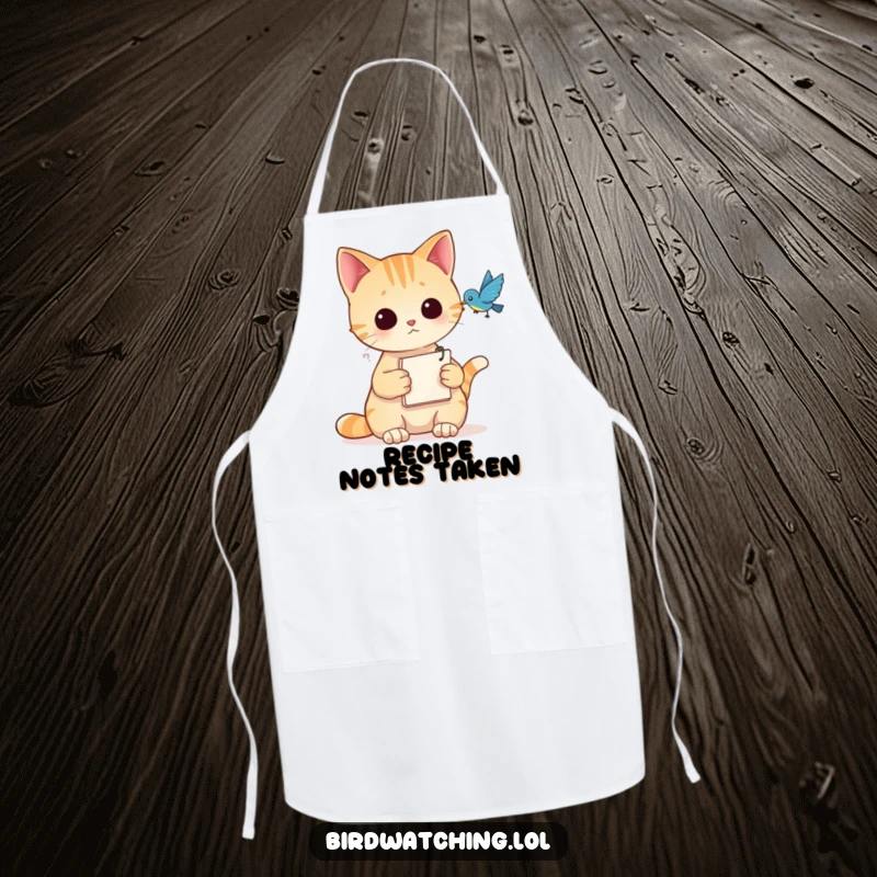 Funny Apron featuring a curious cat holding a notepad, observing a bird, perfect for kitchen fun.