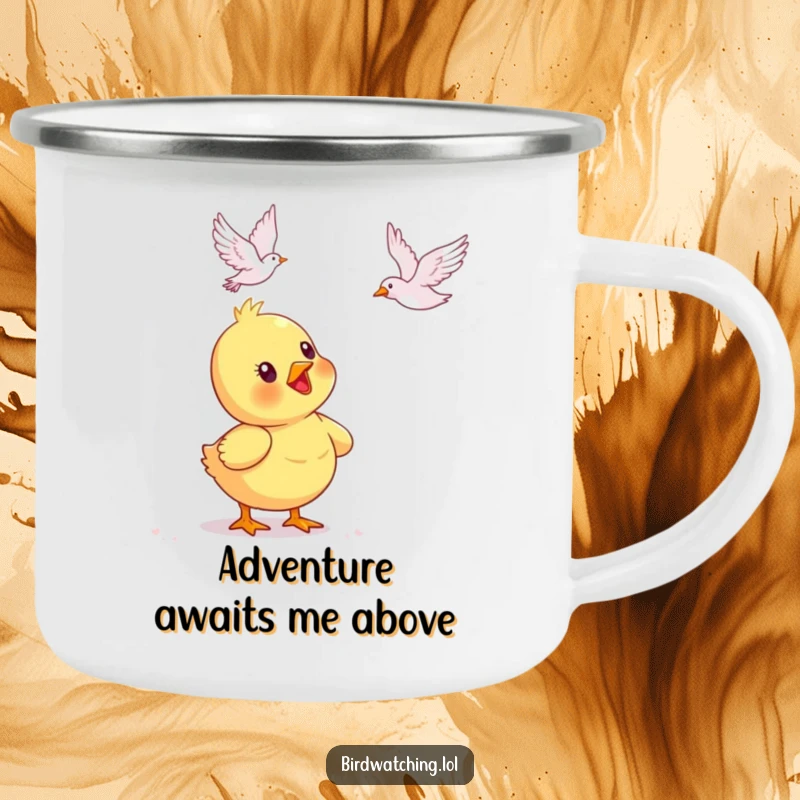 Funny duckling camping mug, delightedly watching a bird fly. Durable and fun for outdoors.