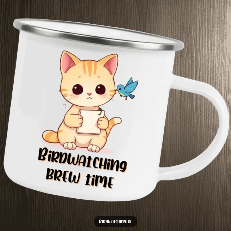 Funny Camping Mug with a curious cat holding a notepad, observing a bird, perfect for outdoor adventures.