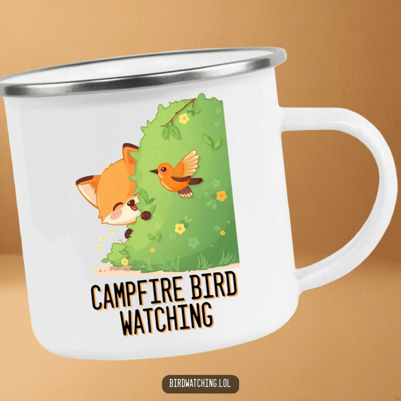 Funny Fox Camping Mug: A joyful fox hiding behind a bush, watching a bird, a durable and humorous outdoor drinking vessel.