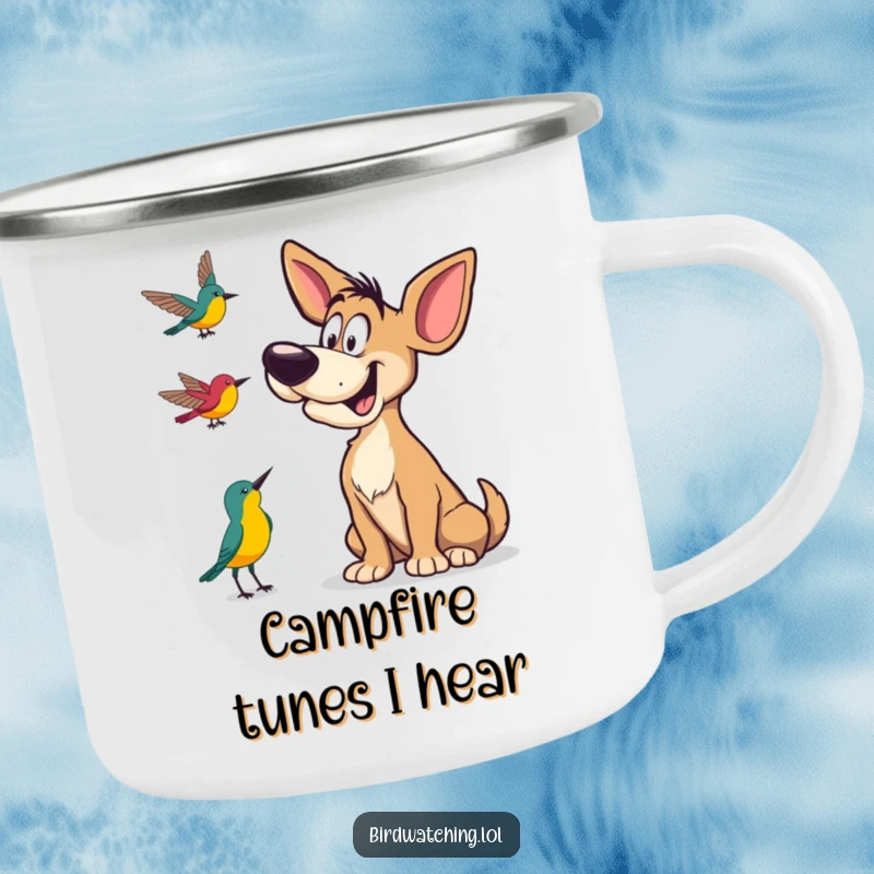 Funny Camping Mug featuring a goofy dog tilting its head to listen to bird calls, perfect for outdoor enthusiasts.