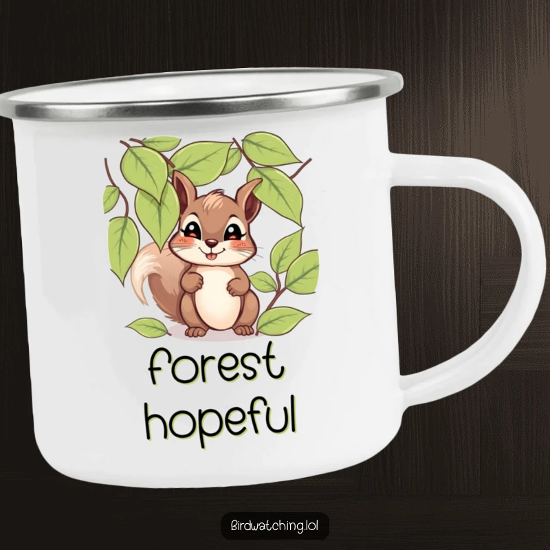Funny giggling squirrel camping mug with a happy squirrel peeking through leaves and a hopeful expression, for outdoor use.
