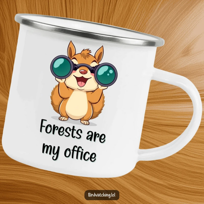 Funny squirrel peering through binoculars, ready for camping and wildlife spotting, durable enamel mug.