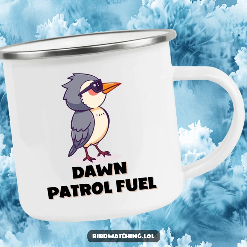 Funny Bird Watcher Camping Mug: Determined person surveying horizon, perfect for outdoor coffee, sturdy and funny.