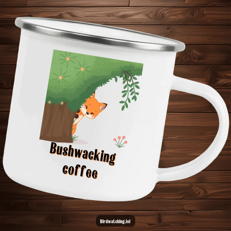 Funny curious fox camping mug, enamel cup showing a fox peeking from behind a bush, durable for outdoors.