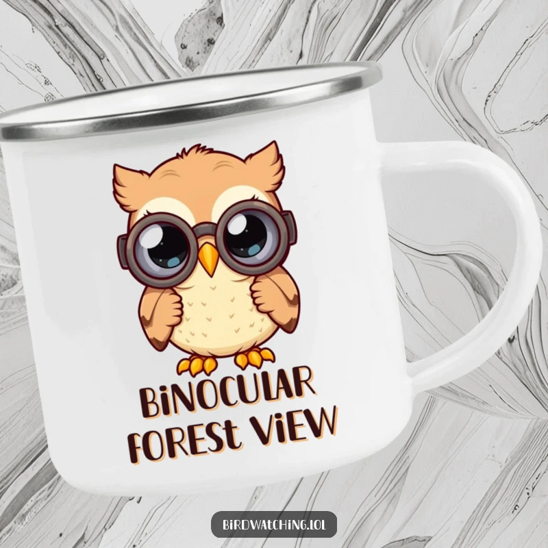 Funny curious owl camping mug with a happy owl peering through binoculars with wide, curious eyes, durable and humorous gift.