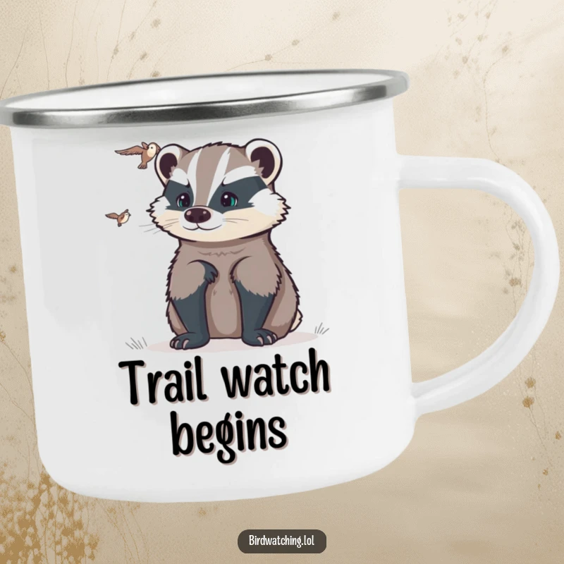 Funny determined badger camping mug with a badger intently watching, perfect for rugged focus and adventurous humor, a durable gift.
