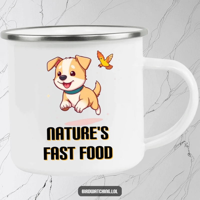 Funny dog camping mug, playfully chasing a bird in an outdoor setting, celebrating pets and adventure.