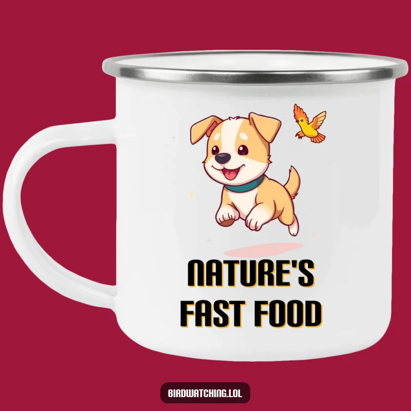 Funny Dog Camping Mug: Playful Bird Chasing Adventure Gift