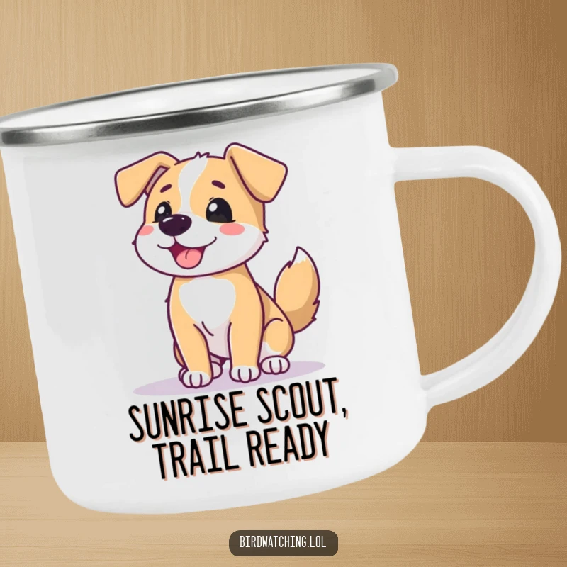Funny dog camping mug, beaming dog wagging tail, scanning horizon, durable and cheerful, great gift.