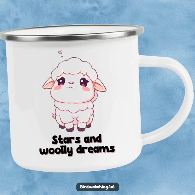 Funny fluffy sheep camping mug with a sheep gazing dreamily, perfect for peaceful outdoor moments and lighthearted fun, a durable gift.