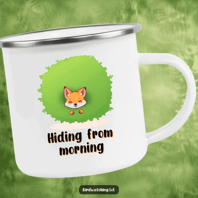 Funny camping mug featuring a giggling fox peeking archly from behind a bush, ready for outdoor fun.