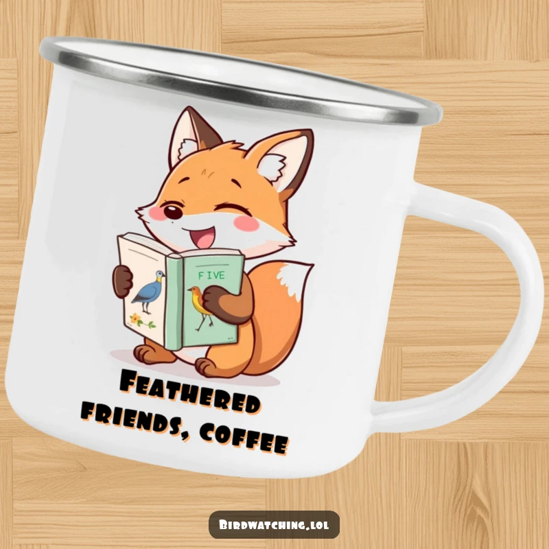 Funny enamel camping mug with a joyful fox holding a bird identification book, perfect for outdoor enthusiasts who appreciate humor.