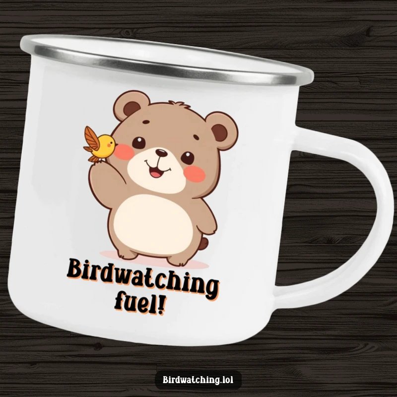 Funny camping mug featuring a happy bear pointing enthusiastically at a fluttering bird, celebrating the great outdoors.