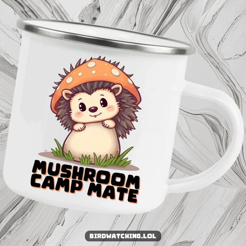 Funny Camping Mug featuring a curious hedgehog peeking from behind a mushroom, perfect for outdoor enthusiasts.